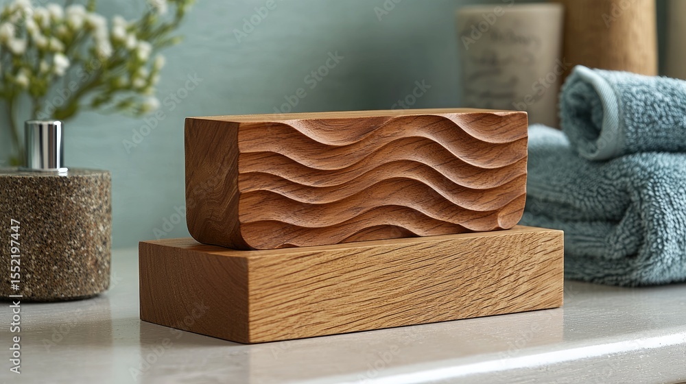 Poster stacked wooden blocks with wave-patterned surface.