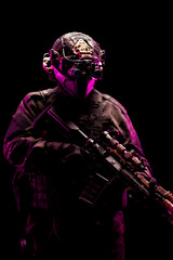 Special forces soldier with tactical gear and weapon in dramatic lighting