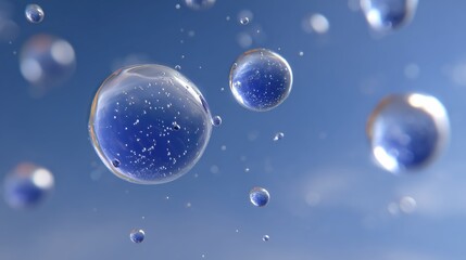 Translucent bubbles, filled with vibrant blue liquid, float effortlessly against a clear, azure sky. The scene is reminiscent of a dreamscape, where imagination takes flight.