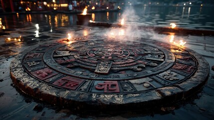 Intricate Circular Stone Floor Glowing Warmly Through Drifting Fog at Night