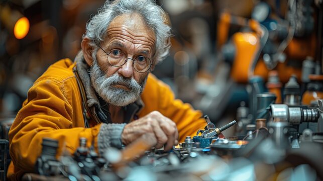 A portrait of a skilled, elderly craftsman with gray hair and a beard, wearing a bright yellow jacket in his workshop. He looks directly at the camera with a serious, confident expression, his hands a