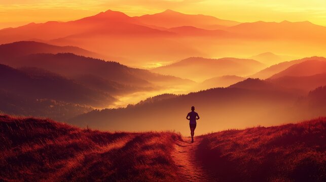 The silhouette of a lone runner is captured on a mountain trail against a spectacular orange sunset. Layers of hills and misty valleys create a breathtaking landscape, evoking a sense of freedom, endu