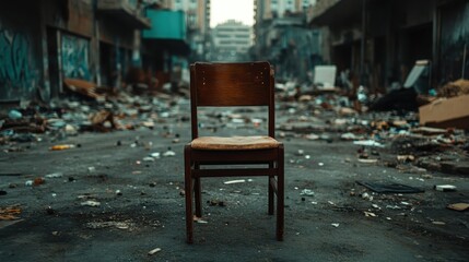 An abandoned wooden chair stands alone in a derelict urban environment, surrounded by debris and graffiti, embodying themes of solitude and decay in modern society.