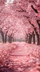 Pink blossoms carpet a springtime path.