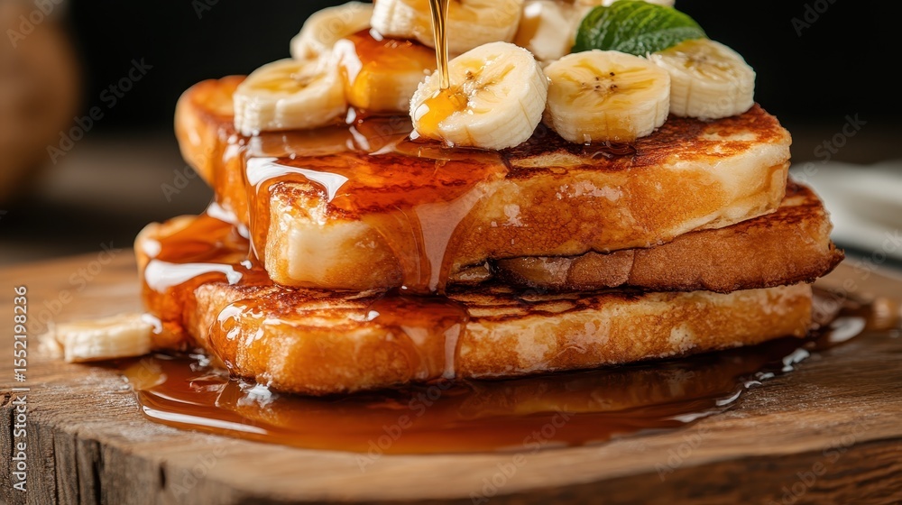 Poster a tantalizing stack of french toast topped with sliced bananas and drenched in warm syrup, showcasin