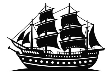 Detailed Silhouette of a Traditional Sailing Ship with Multiple Sails and Masts