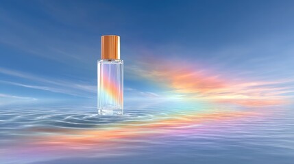 Iridescent Perfume Bottle Suspended in a Colorful Sky