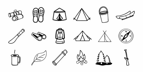 Vector Symbols for Nature Exploration, Wilderness Survival, and Recreational Activities, Isolated on White.