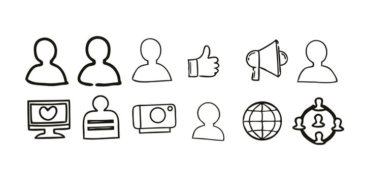 Set of Social Media and User Interface Icons in Black and White Outline Doodle Style for Digital Communication.