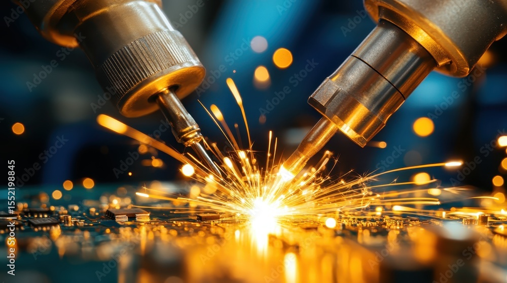 Poster an action shot displaying vibrant sparks flying from precision engineering work, capturing the excit