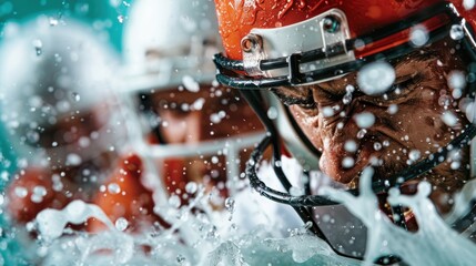 Athletes wearing helmets and sports gear fiercely plunge into water, capturing the intensity of competition and the thrill of sport with dynamic splashes and powerful emotions.