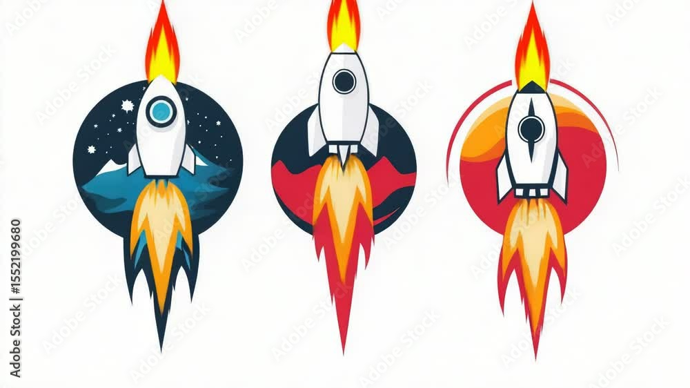 Poster three rockets soaring through the sky, ideal for use in illustrations about space exploration, techn