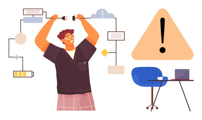 Man plugging into complex process flow with diagrams, battery and warning. Near a desk with laptop and chair. Ideal for workflow, problem-solving, innovation, technology, connectivity, risk