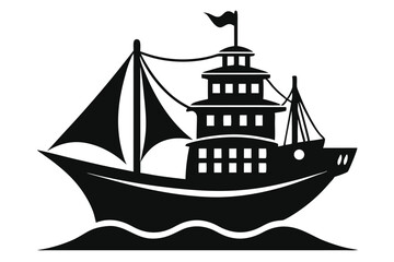 Stylized Silhouette of a Sailing Ship with Tower Structure on Wavy Water