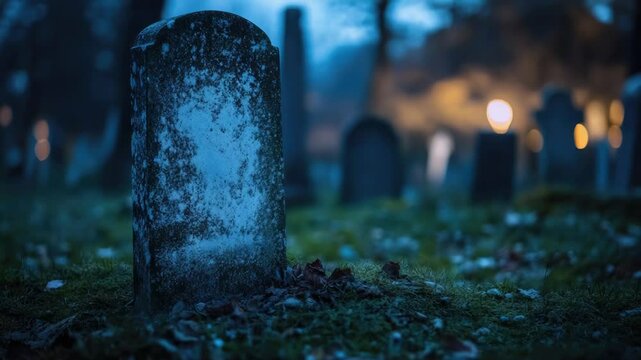 A tombstone standing tall in a cemetery at night, ideal for uses such as mourning or remembrance