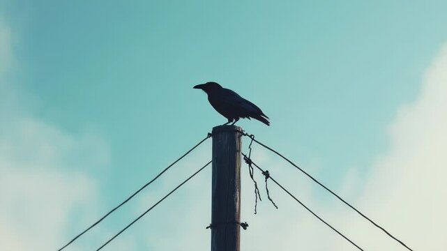 A black bird sits atop a power pole, awaiting its next move