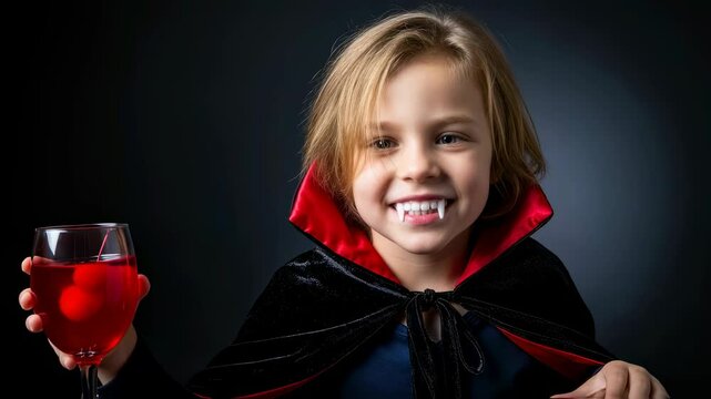 Caucasian boy in vampire costume with fangs holds glass with red drink, smiling at Halloween party footage.