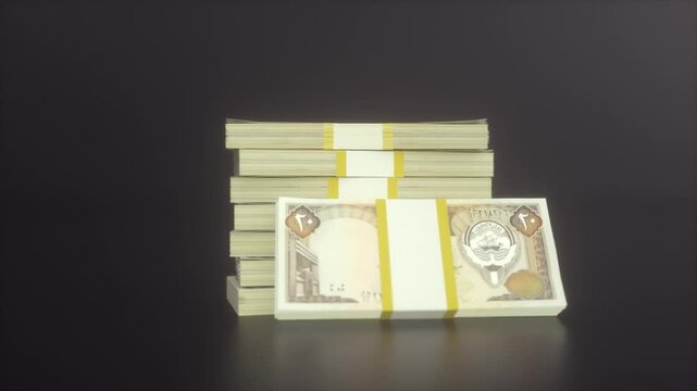 Stacks of Kuwaiti Dinar Banknotes Bundled Neatly on Dark Background