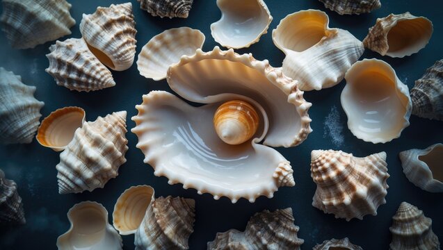 Texture of cockleshells background with various seashells and their detailed surfaces.