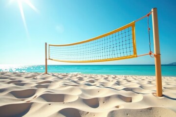 Beach volleyball net, sunlit sand, bright blue sky, joy, sand