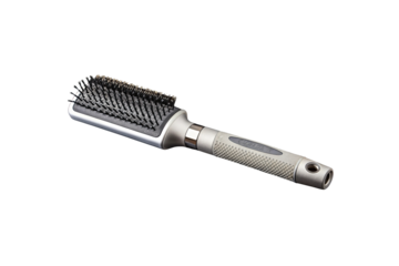 Modern silver and gray hair brush with textured handle isolated on transparent background