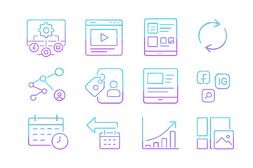 Neon icons of digital media, social sharing, and analytics on dark background