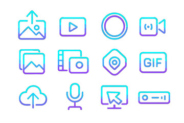 Neon gradient media icons with vibrant colors on dark background