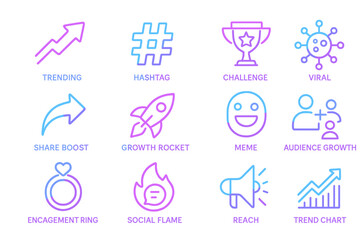 Neon icons: trending, growth, viral, reach, social engagement symbols