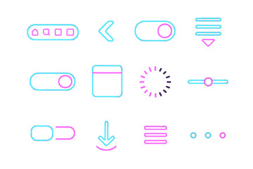 Neon ui elements with glowing sliders, buttons, and icons on black background