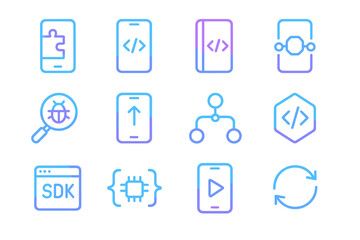 Neon glowing code and technology icons on dark background