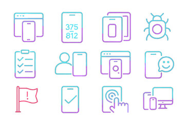 Neon glow tech icons set with smartphone, tablet, and web elements