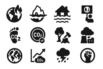 Climate change icons: global warming, co2, natural disasters, environmental action