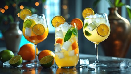 Delicious summer lemonades with ice, orange, and lime in wine glasses on a table, side view, with empty space for text.