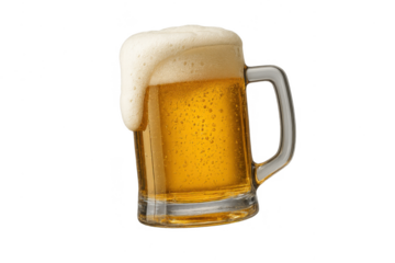 Frothy glass of beer isolated on transparent background, alcoholic beverage