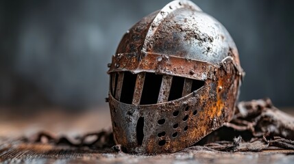 A weathered medieval knight helmet, adorned with rust and history, stands prominently on a wooden table, inviting a reflection on bravery and the valor of past eras.