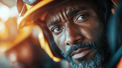 A serious firefighter wearing protective gear showcases determination and courage, embodying the essence of bravery and emergency response in a demanding profession.