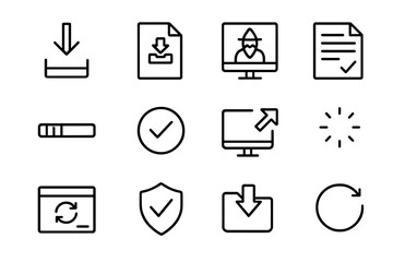 Black line icons set on gray background for download and file management