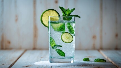 One Glass Of Sparkling Mineral Water With Lime And Mint Stands On A Light Wooden Background. The Edges Of The Glass Are Coated With Sugar. Flavored Water.