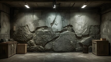 Naklejka premium A dimly lit underground bunker with large cracked stone wall, wooden crates, and industrial fixtures. Cold war or doomsday concept background