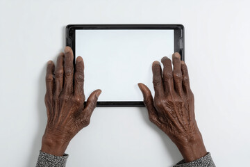 Elderly Black woman's hands skillfully engaging with a tablet in a bright space
