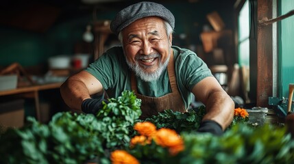An elderly man with a joyful expression tending to his beautiful garden, surrounded by vibrant green plants and orange flowers, representing happiness, gardening, and connection with nature.