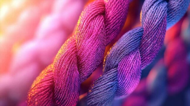 Close-up view of vibrant, twisted embroidery floss in pink and blue hues
