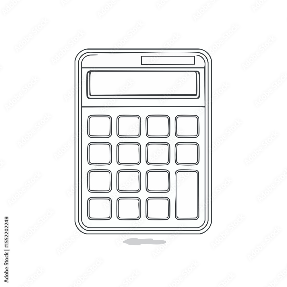 Poster white line drawing of a calculator with a rectangular keypad and screen on a black background