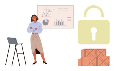 Businesswoman standing by a chair with arms crossed, charts and data in the background, storage crates, and a lock illustration. Ideal for business security, data safety, logistics, inventory