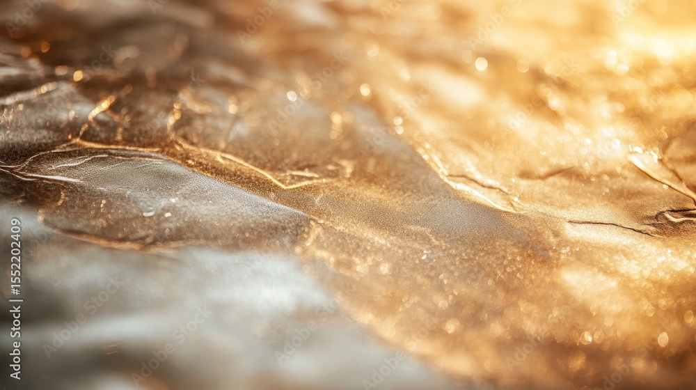 Poster a close-up shot of crumpled golden foil reflecting light, creating an abstract shimmering texture th