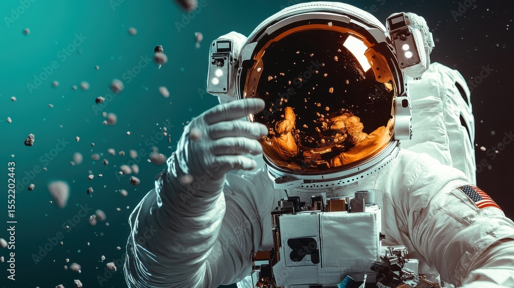 Poster an astronaut in a spacesuit explores the cosmos, with floating rocks and dust particles creating an 