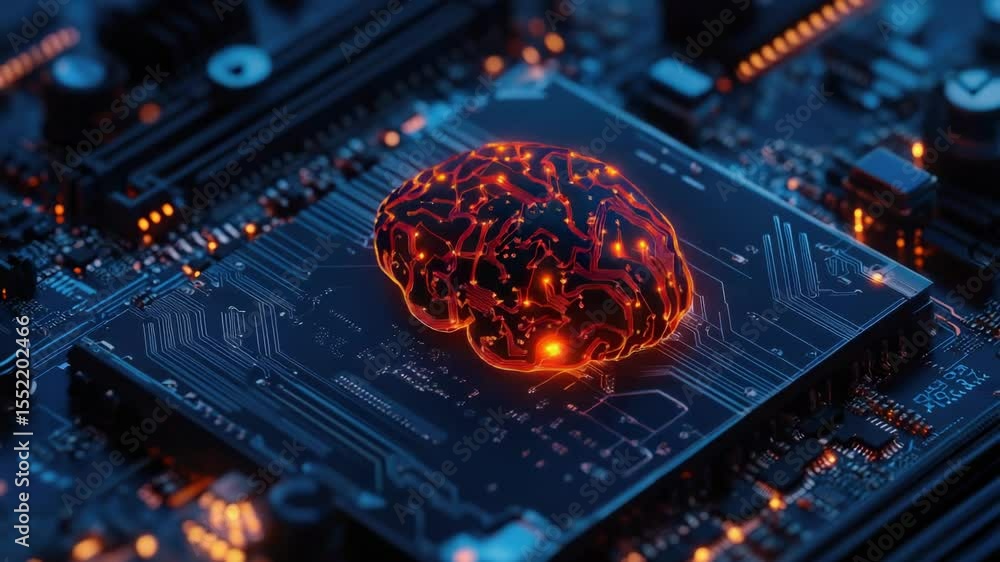 Poster A computer motherboard with a glowing brain component