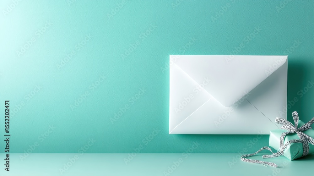 Poster featuring a pristine white envelope neatly placed against a teal backdrop, this minimalist image con