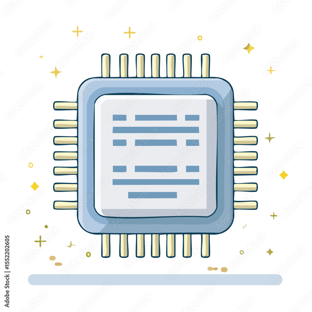 Poster illustrated cpu microchip technology on dark background with stars semiconductor component