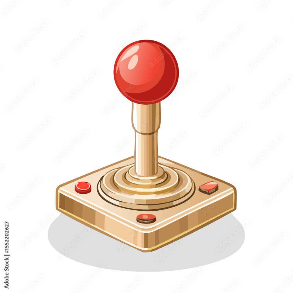 Poster isometric retro style arcade joystick with red ball and push buttons. nostalgic controller for gamin